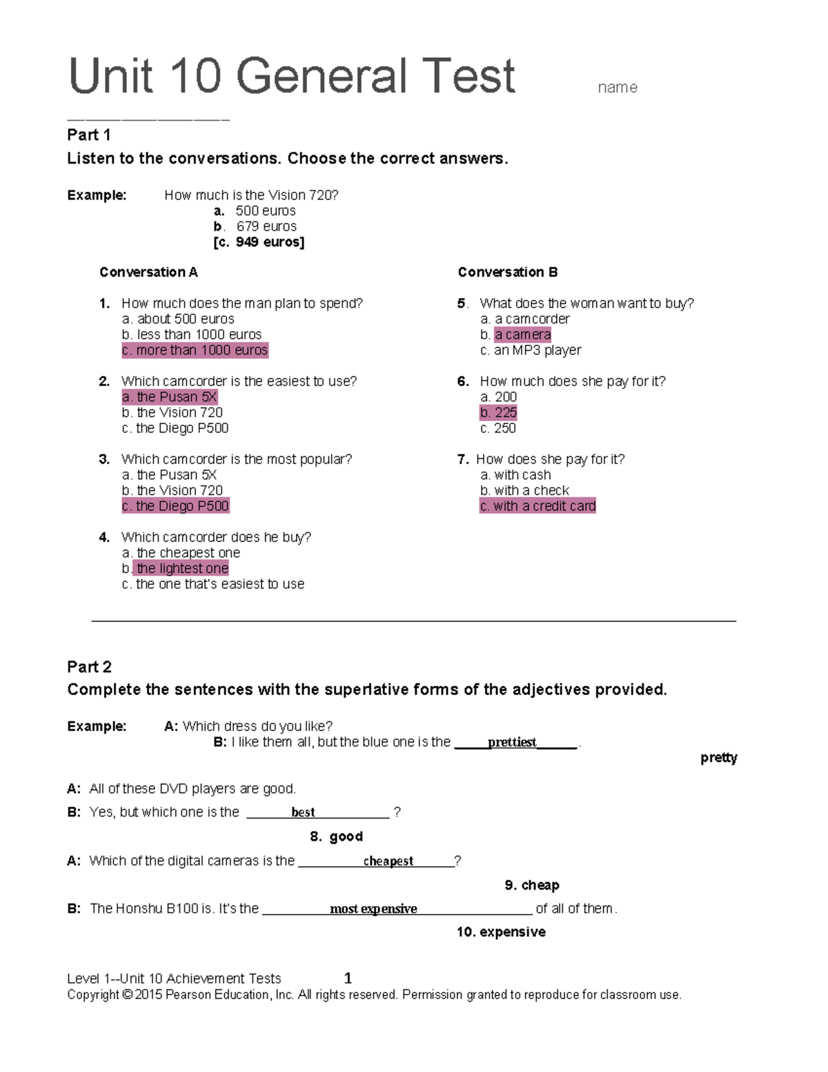 Top-Notch 1 Unit 10 Assessment Test and Exercises - Studocu