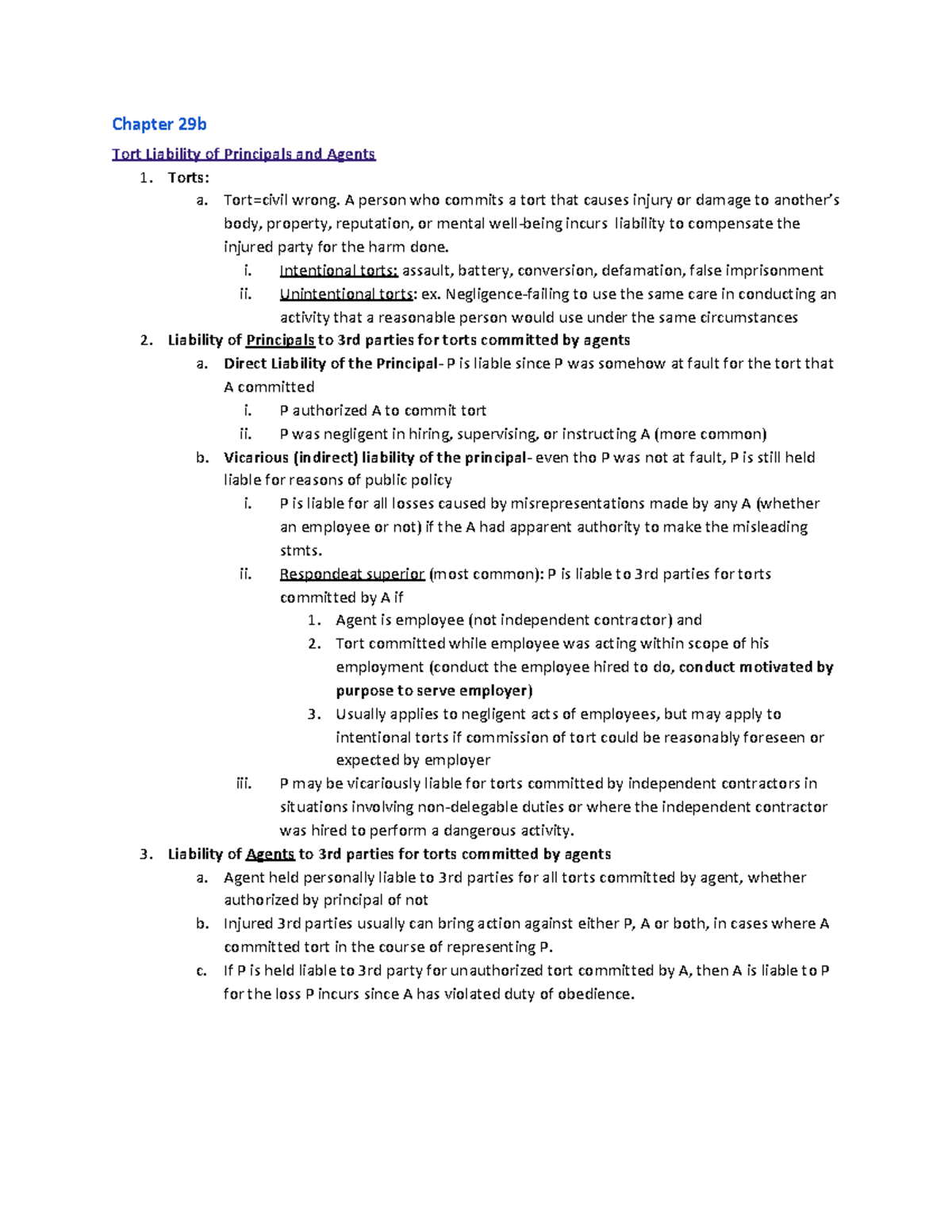 Exam 3 Notes - Chapter 29b Tort Liability of Principals and Agents 1 ...