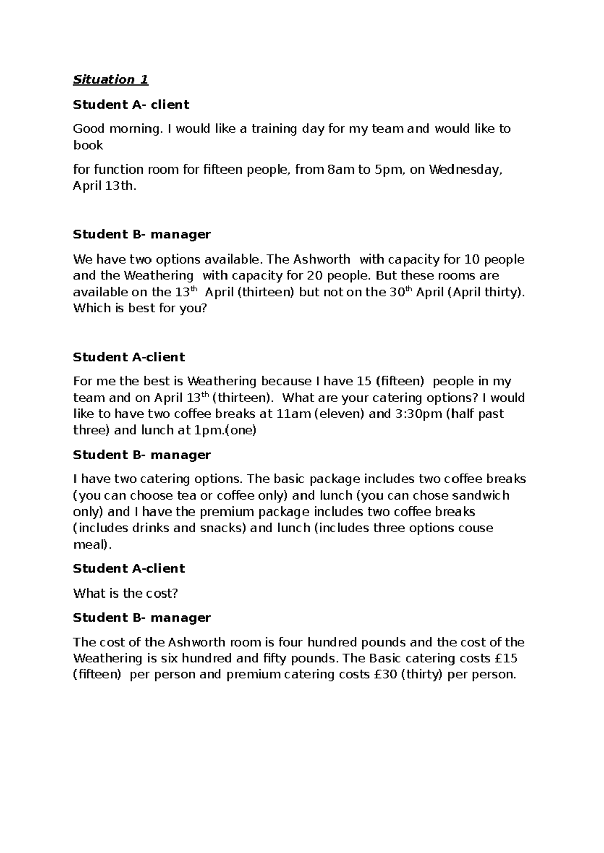 Speaking Test Dialogue: Student A & B - Training Day Booking - Studocu