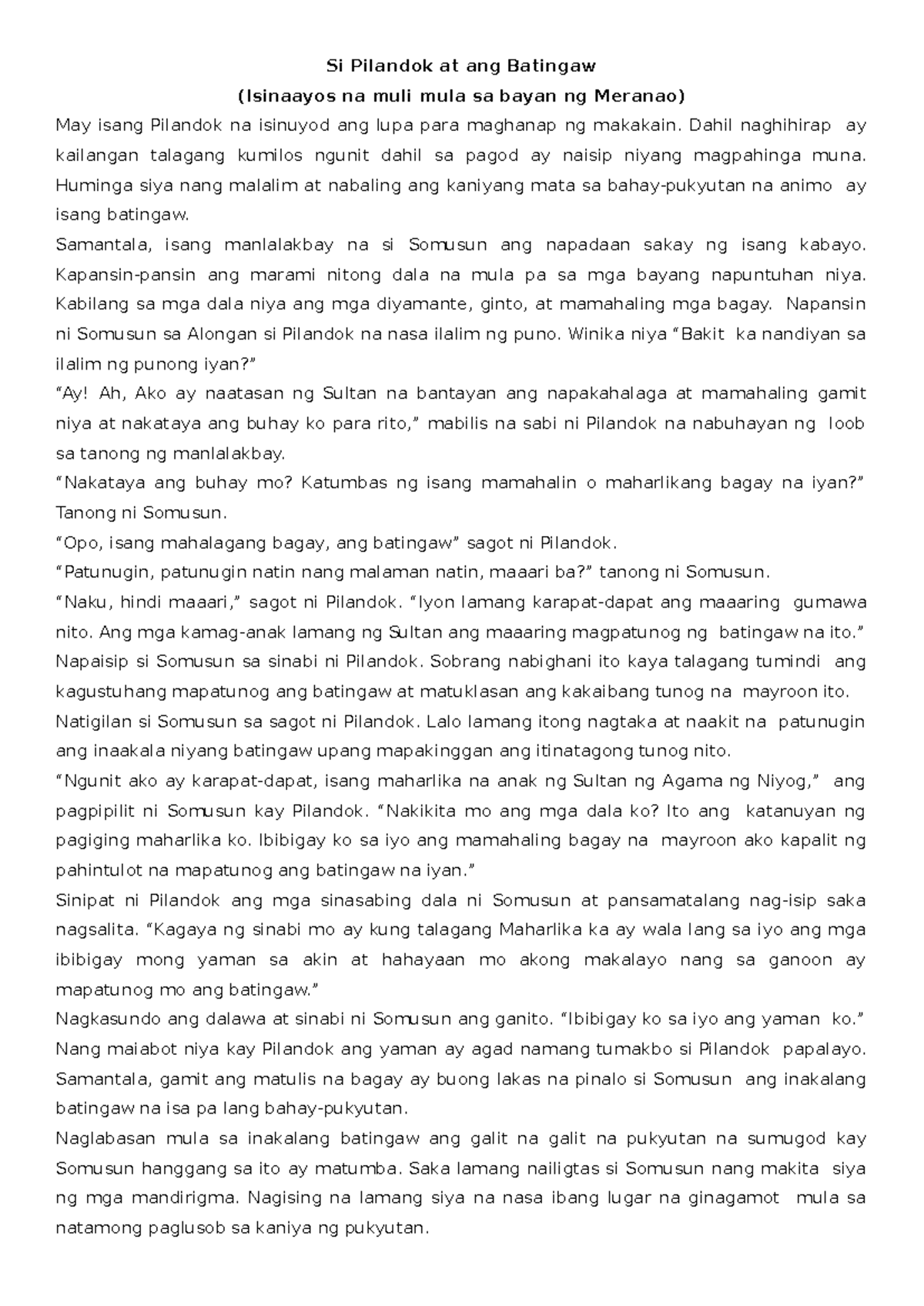 Si Pilandok at ang Batingaw: Isang Kuwento ng Yaman at Pagsubok - Studocu