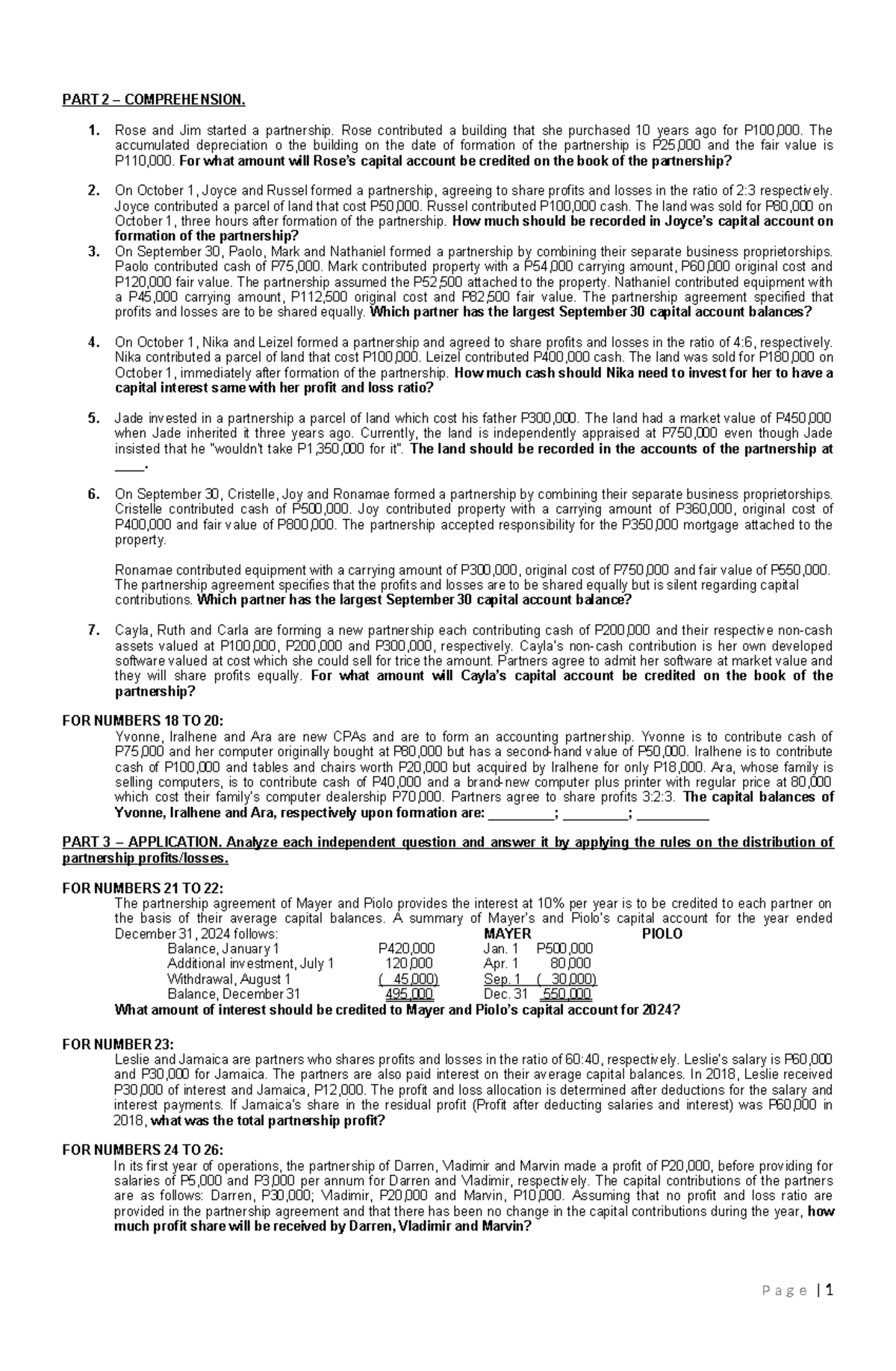 Partnership Formation & Operation: Capital Contributions and Profit ...