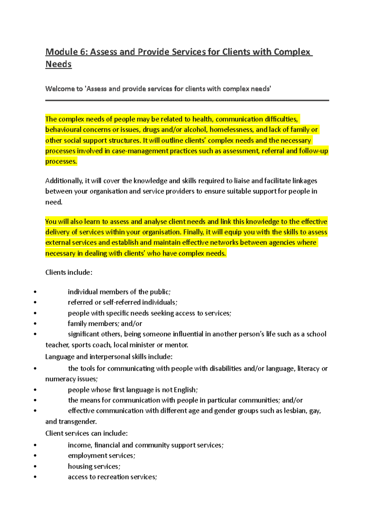 Module 6 - LECTURE NOTES: Services for Clients with Complex Needs - Studocu