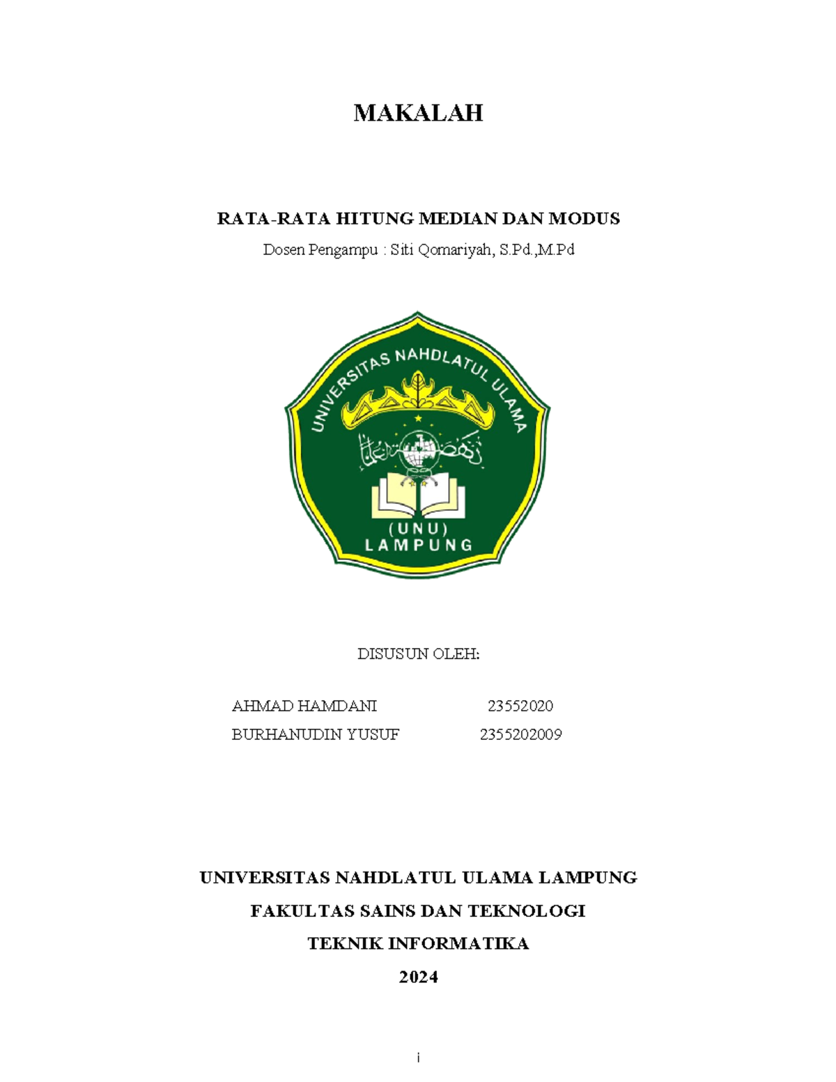 Makalah Statistika: Rata-Rata, Median, Modus di TI 2024 - Document Preview