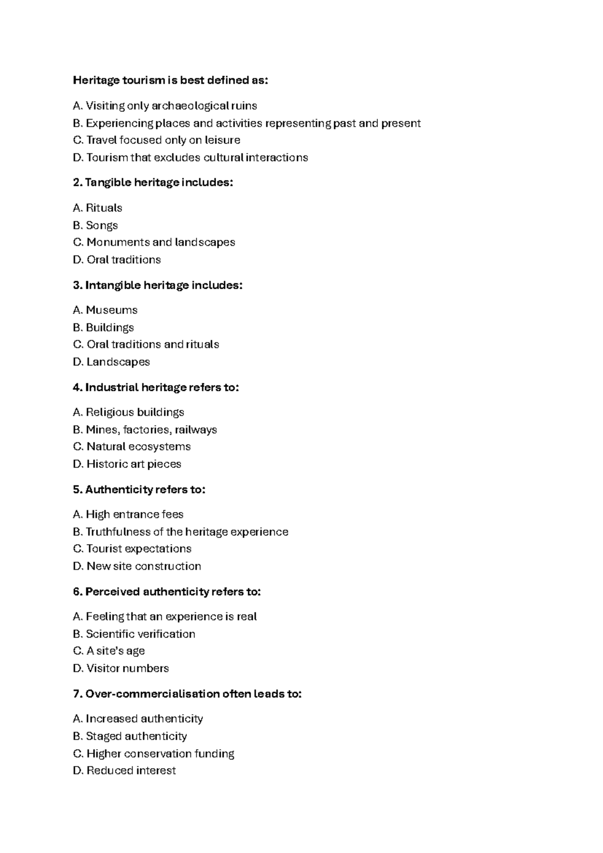 EFK MCQ Exam Practice: Heritage Tourism Concepts and Challenges - Studocu
