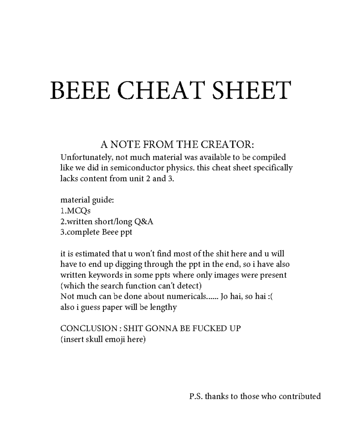 BEEE MCQs - Most of the MCQs come this PDF - BEEE CHEAT SHEET A NOTE ...