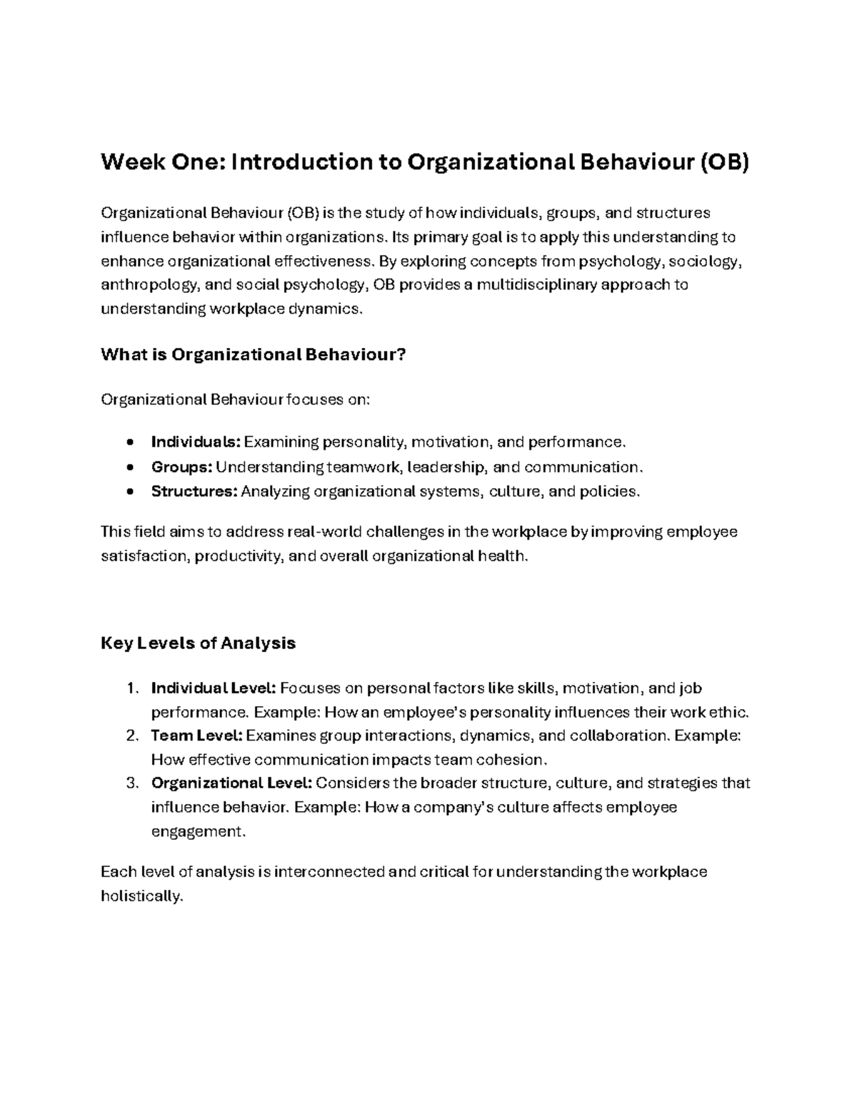 Organizational Behaviour CH1: Introduction & Key Concepts Overview ...