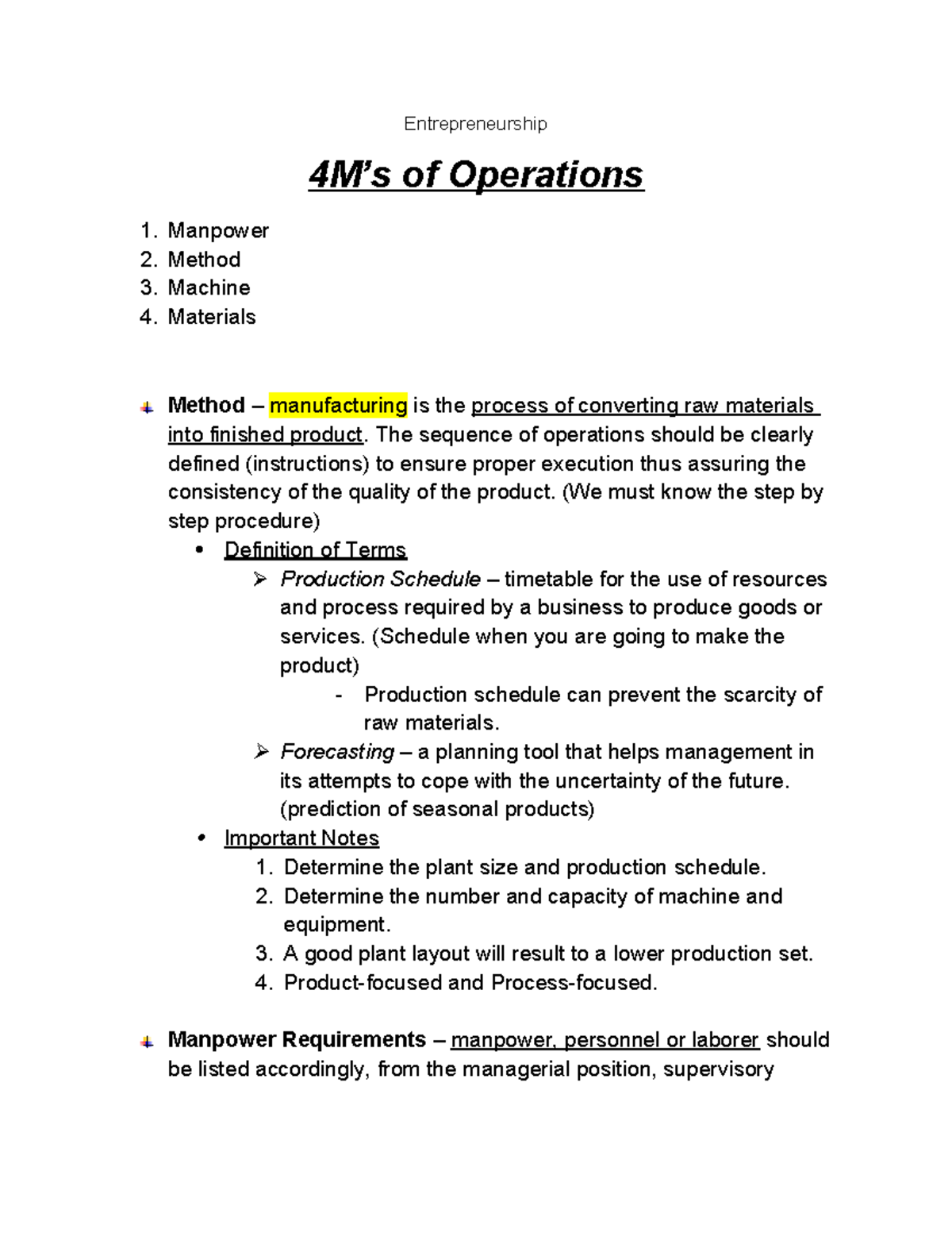 (Entrep) 4Ms of Operations: Manpower, Method, Machine, Materials - Studocu