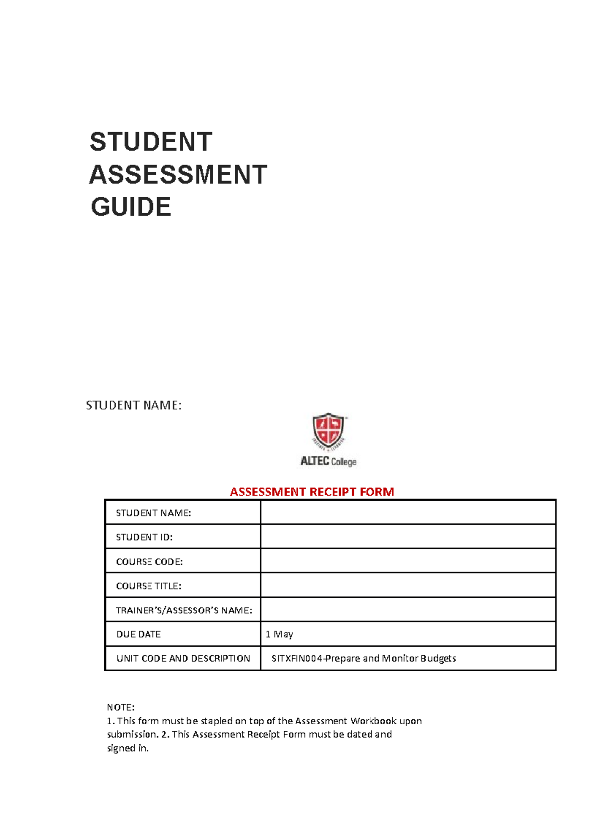 Sitxfin 004 - PDF - STUDENT ASSESSMENT GUIDE STUDENT NAME: ASSESSMENT ...