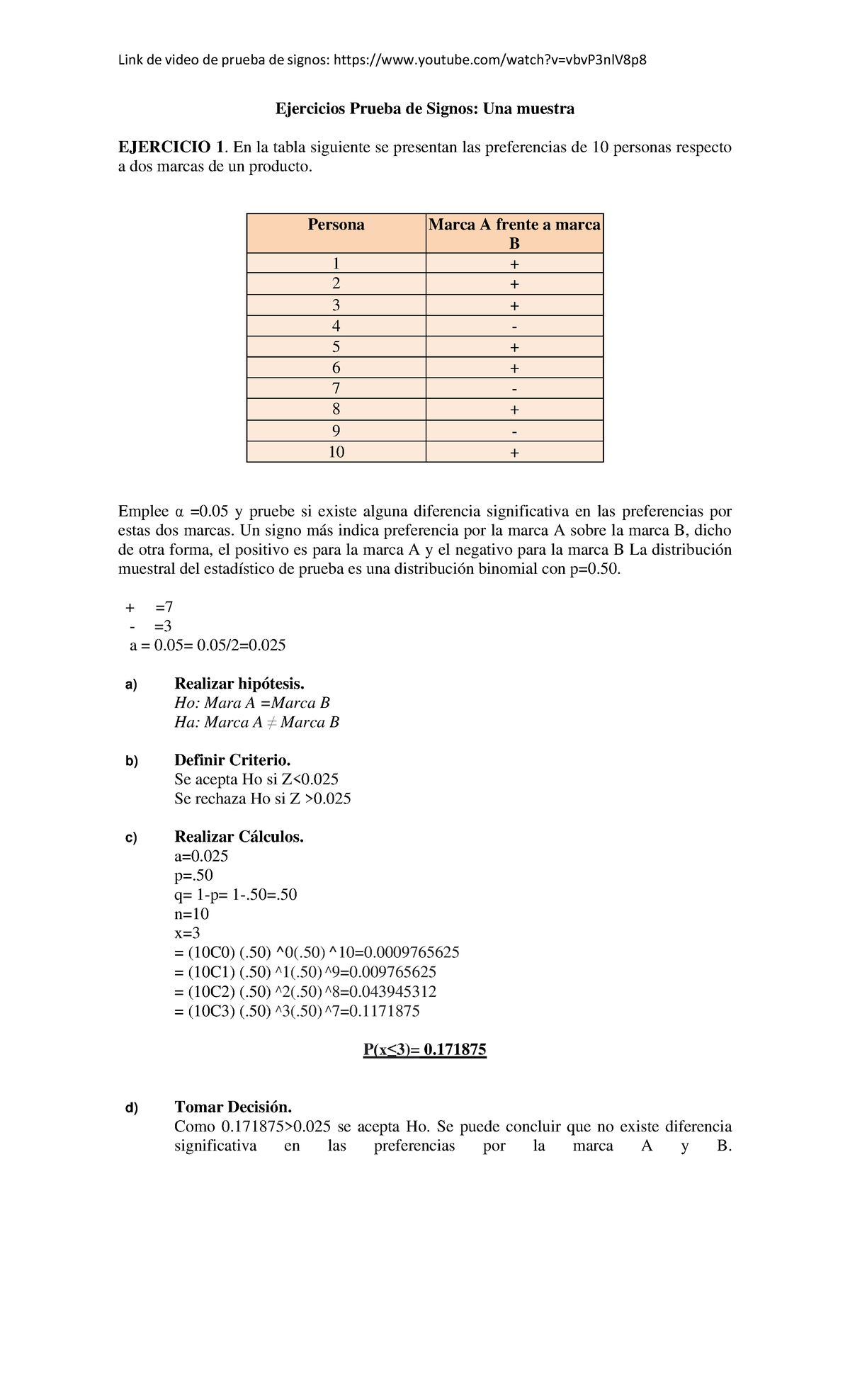 576395912 Ejercicio prueba de signos - Ejercicios Prueba de Signos: Una ...