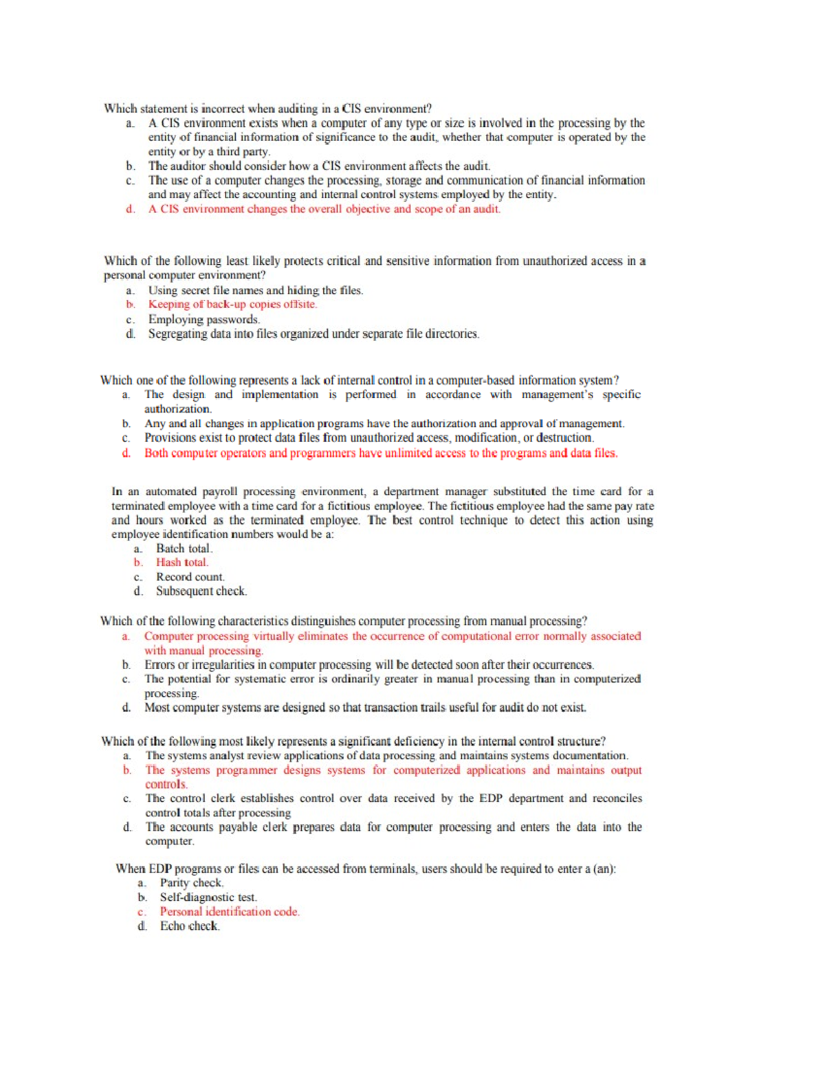 CIS 101: Review Questions for Auditing in Computerized Environments ...