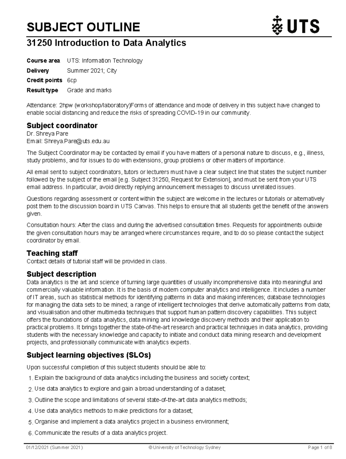 31250 Data Analytics Subject Outline and Learning Objectives - Studocu