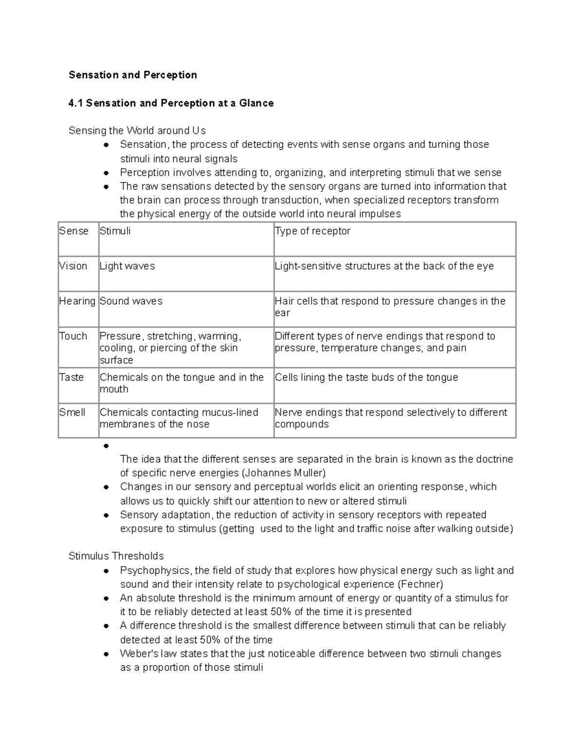 Chapter 4 Notes - Introduction to Psychological Science - Sensation and ...