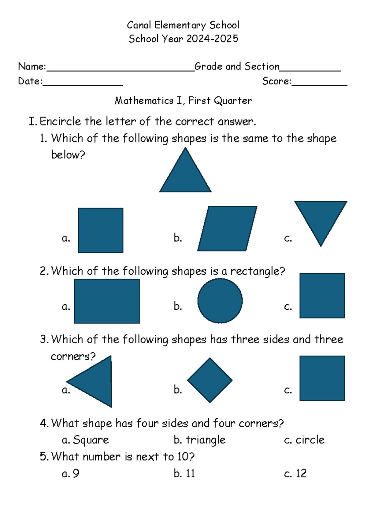 Math 1 Assessment - Questions for Quiz - Canal Elementary School School ...