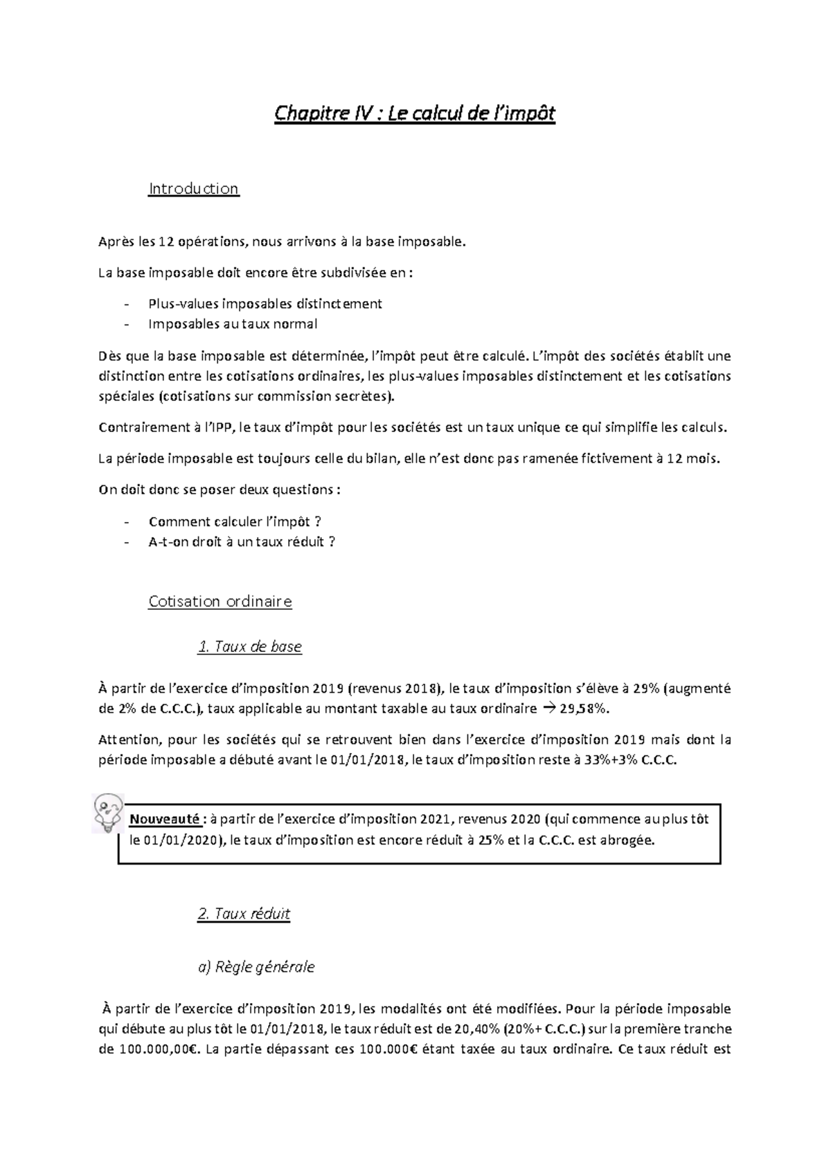 ISOC - Chapitre IV : Calcul de l'Impôt et Cotisations Distinctes - Studocu