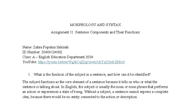 MORPHOLOGY AND SYNTAX (ENG 202) Assignment 11: Sentence Components ...