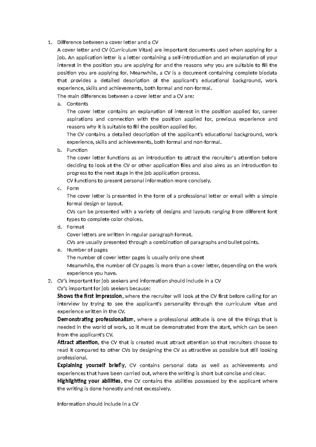 BI 6 - Key Differences Between a Cover Letter and a CV - Studocu