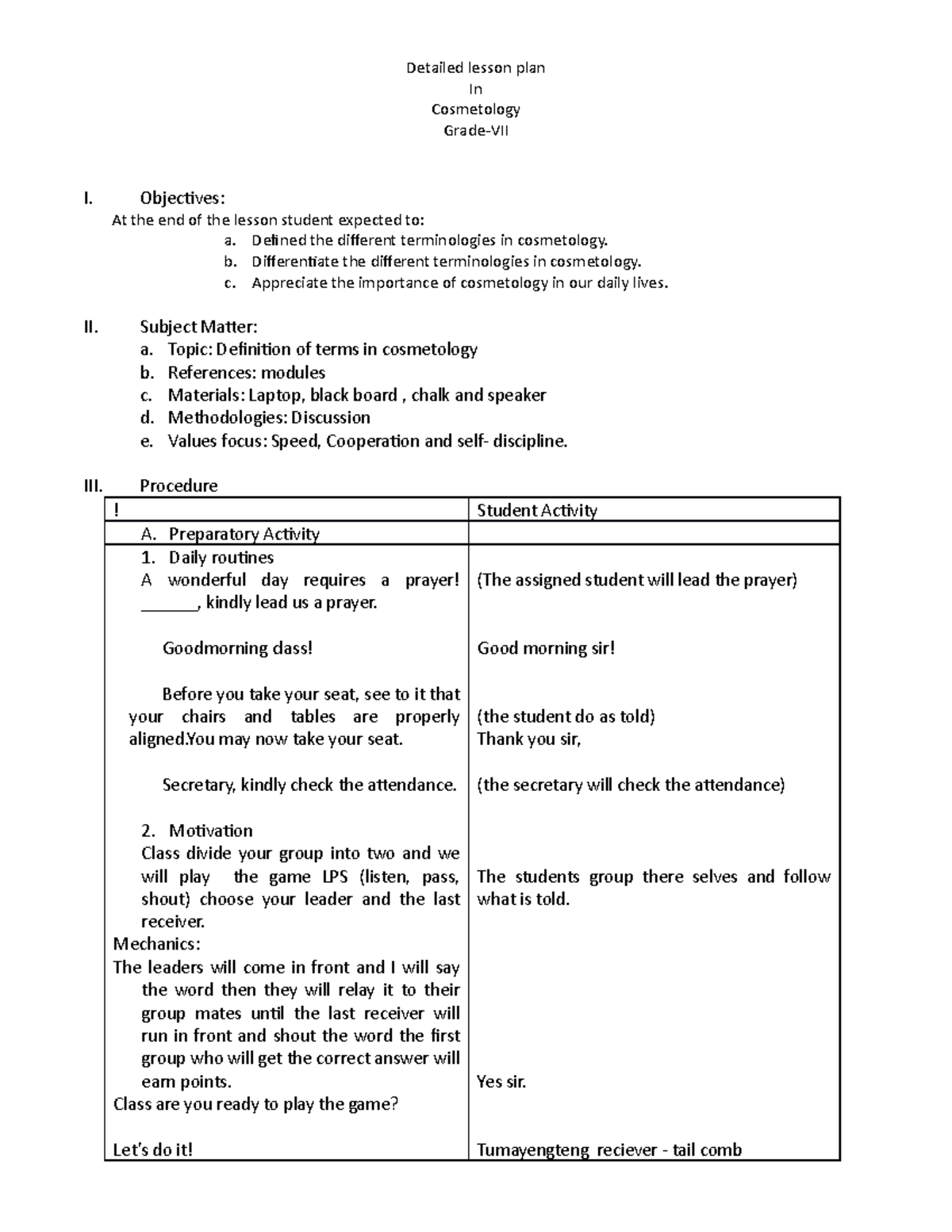 Cosmetology Grade VII: Detailed Lesson Plan for Definitions ...
