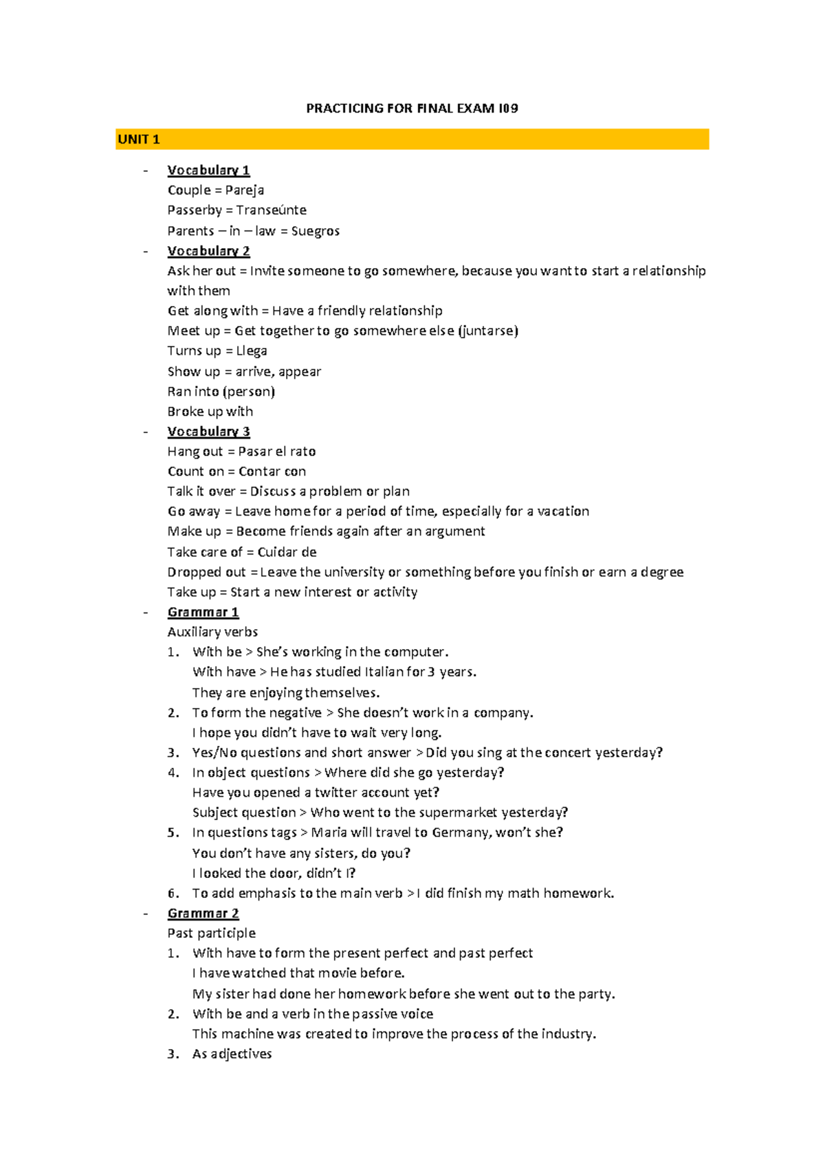 Practicing for Final Exam I09: Vocabulary and Grammar Review - Studocu