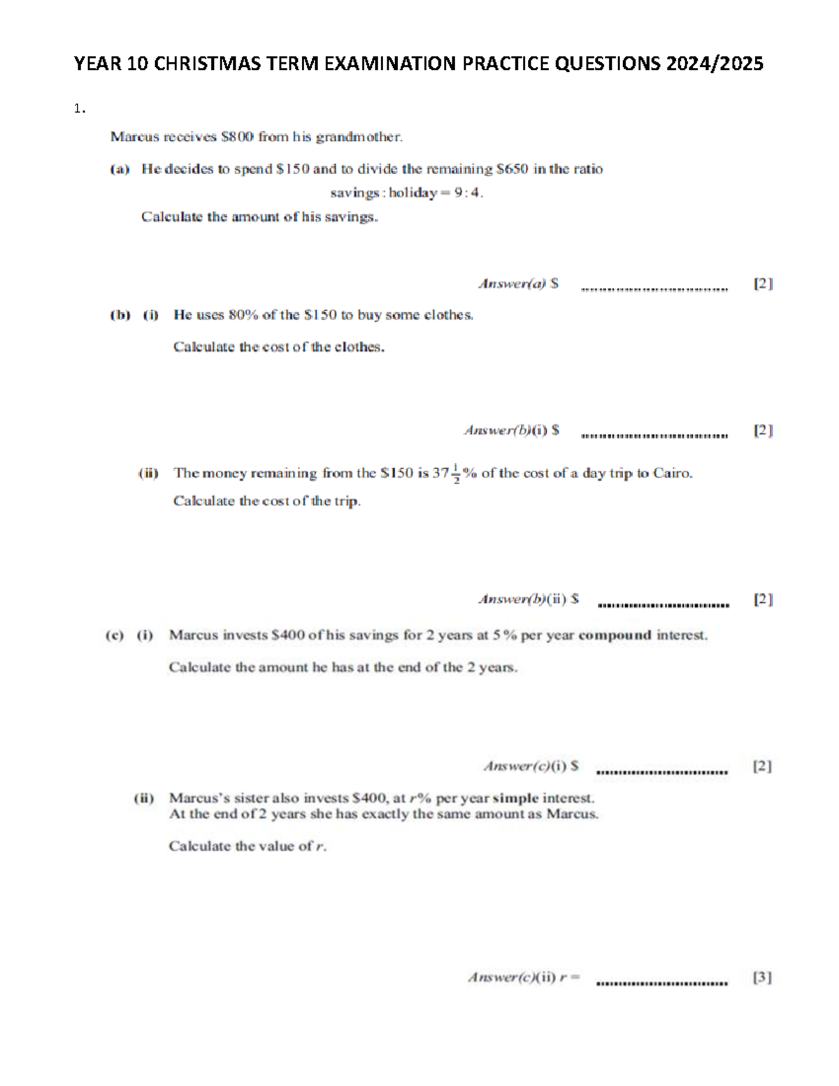 YEAR 10 Christmas TERM Examination Practice Questions 2024 2025 ...