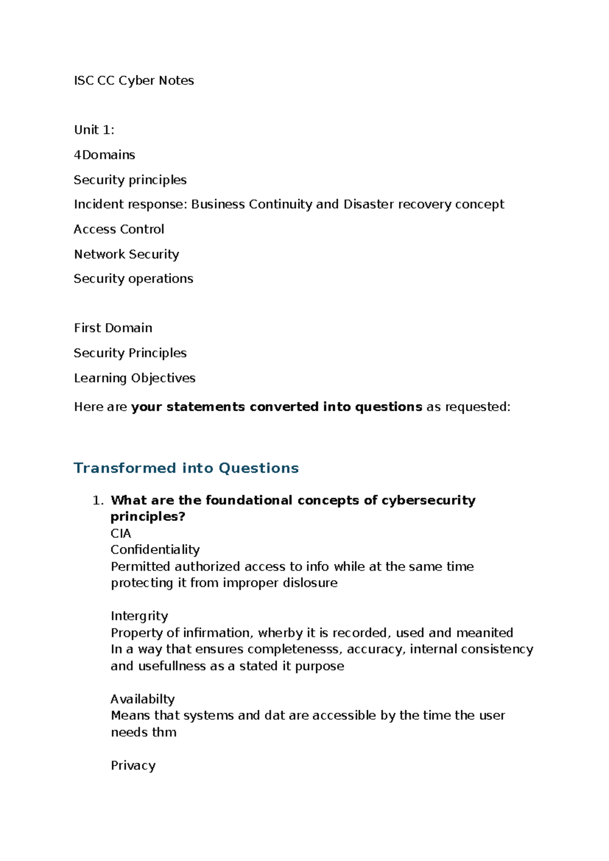 ISC CC Cyber Notes: Unit 1 - Security Principles & Incident Response ...