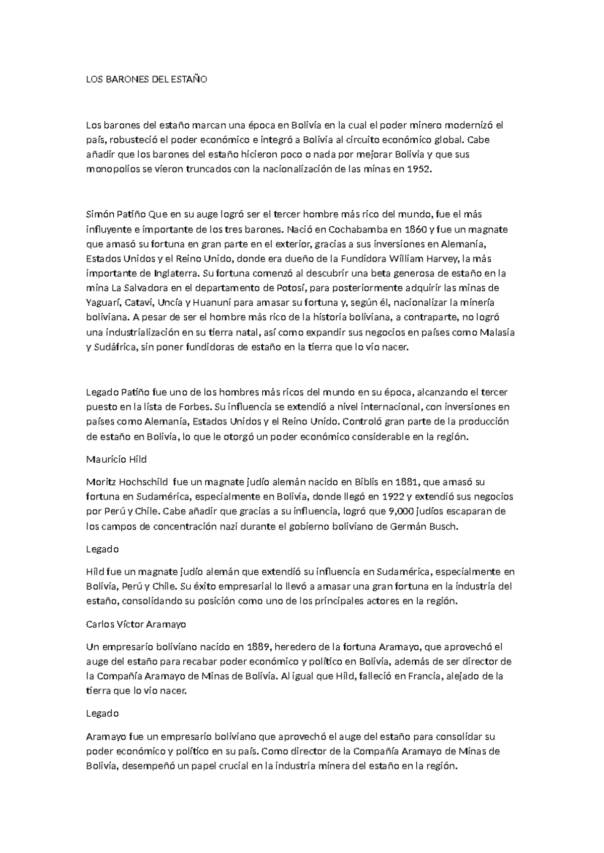 LOS BARONES DEL ESTAÑO: Poder y Legado en Bolivia - Studocu