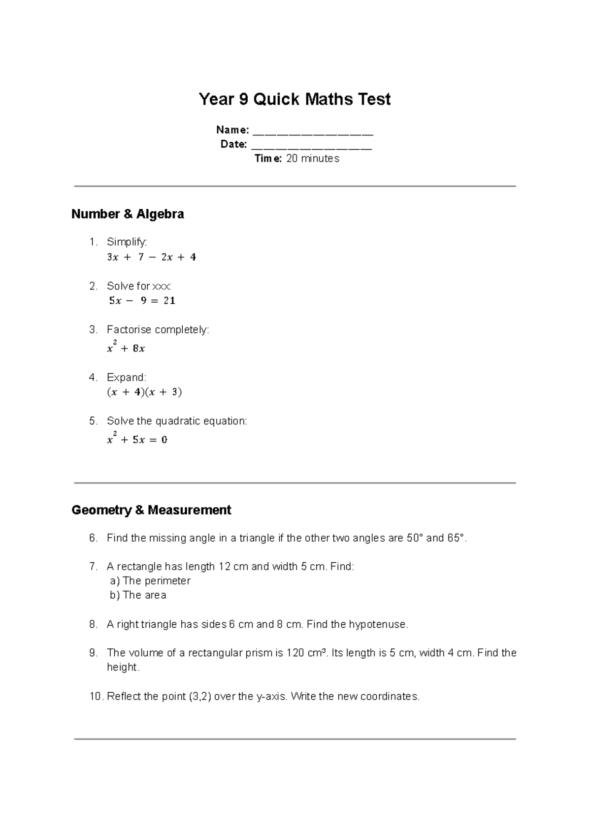 Year 9 Quick Maths Test - Algebra & Geometry Problems - Studocu