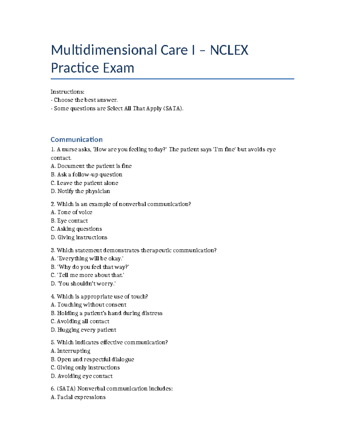 MDC1 NCLEX Practice Exam: Multidimensional Care I Questions - Studocu