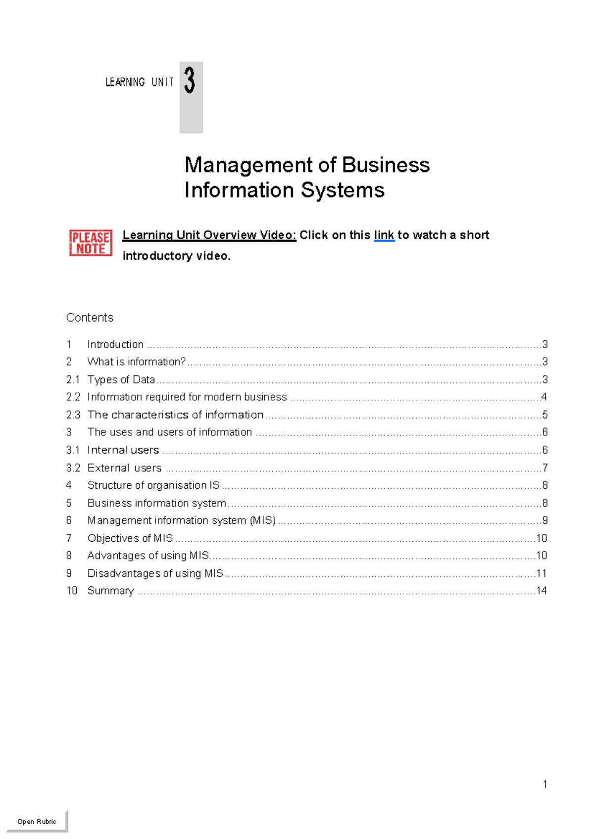 Learning Unit 3: Management of Business Information Systems Overview ...