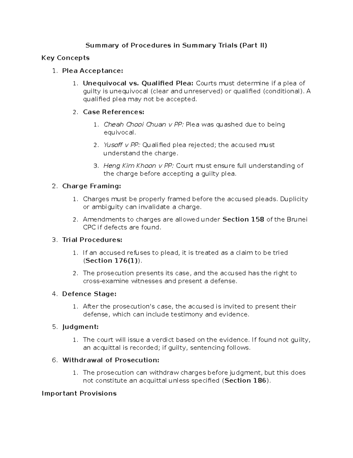 Summary of Procedures in Summary Trials (LAW 101) - Key Concepts and ...