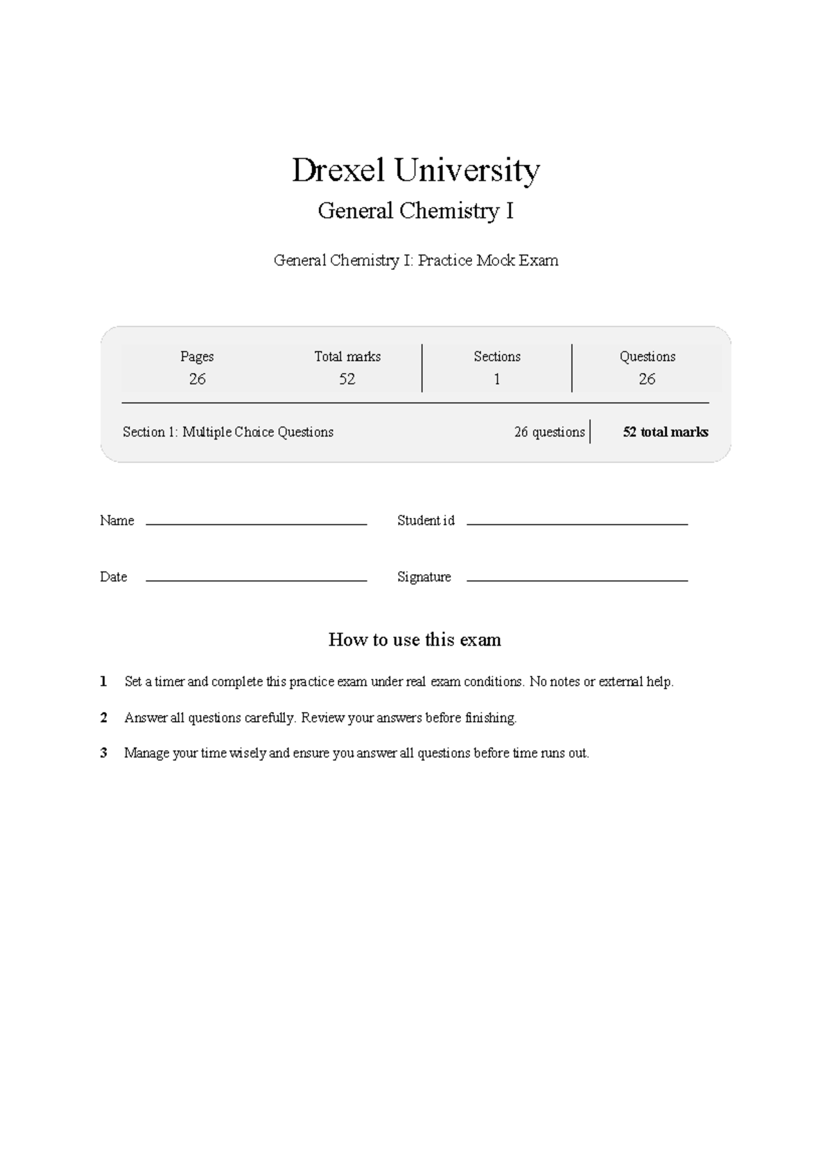 CHEM 101 General Chemistry I: Practice Mock Exam 2026 - Studocu