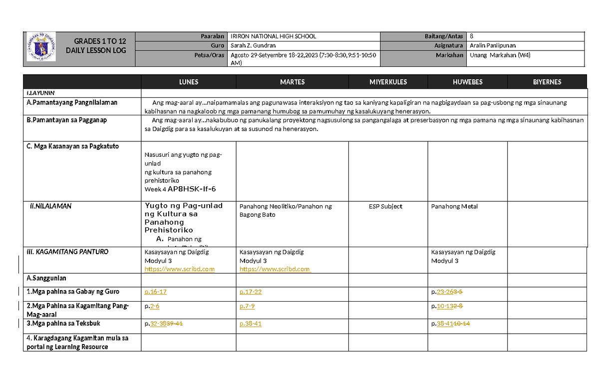 DLL G8 Q1-23-24-W4: Daily Lesson Log for Grade 8, Week 4 - Studocu