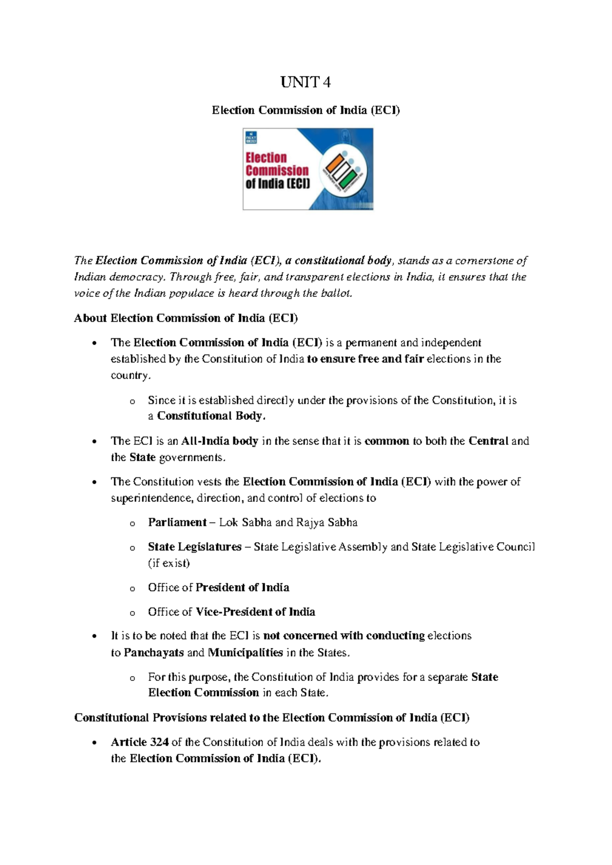 UNIT 4 COI - Election Commission of India Overview and Functions - Studocu
