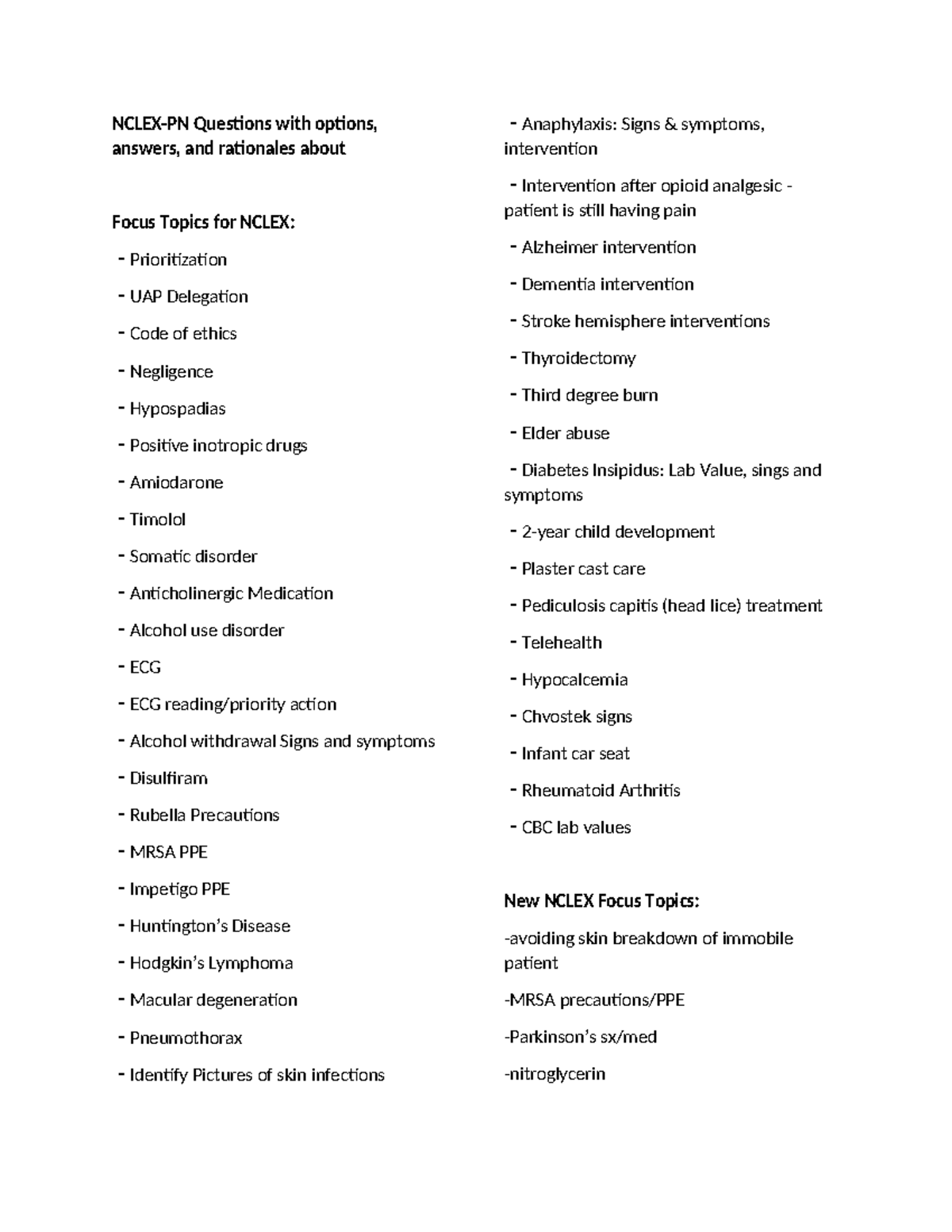Midterm Exam Review Notes for NCLEX-PN Course XYZ101 - Studocu