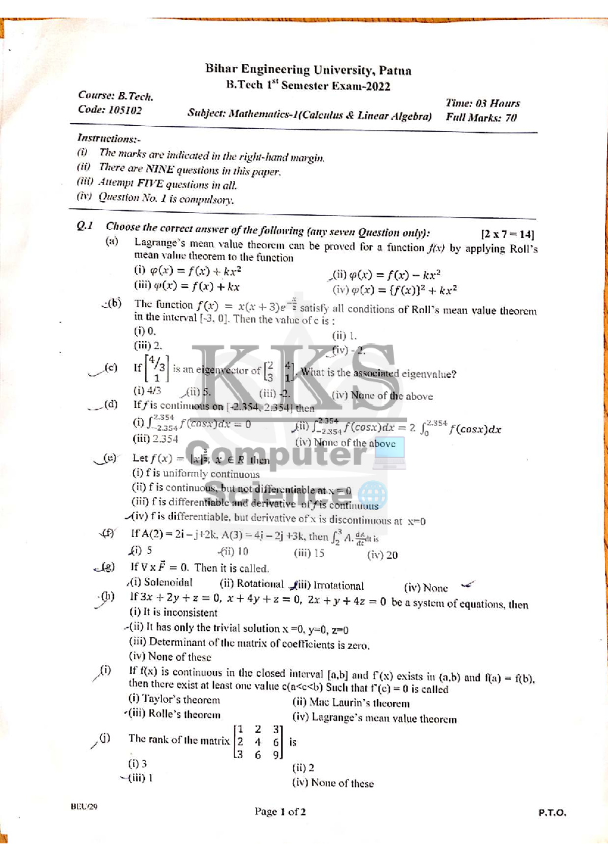 Mathematics B. Tech 1st Sem PYQ - Linear Algebra (Code: 105102) - Studocu