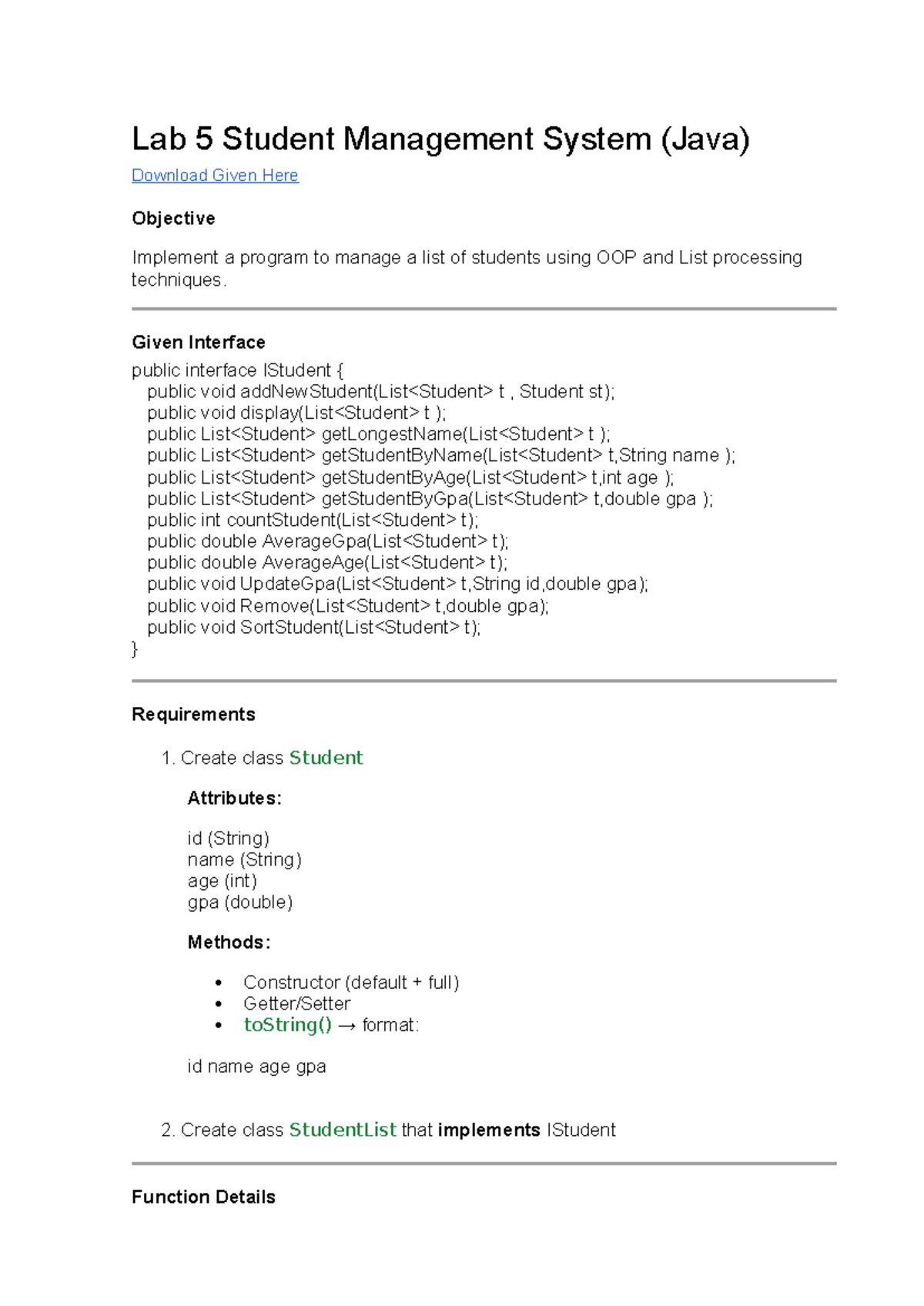 Lab 5: Student Management System Implementation in Java - Studocu