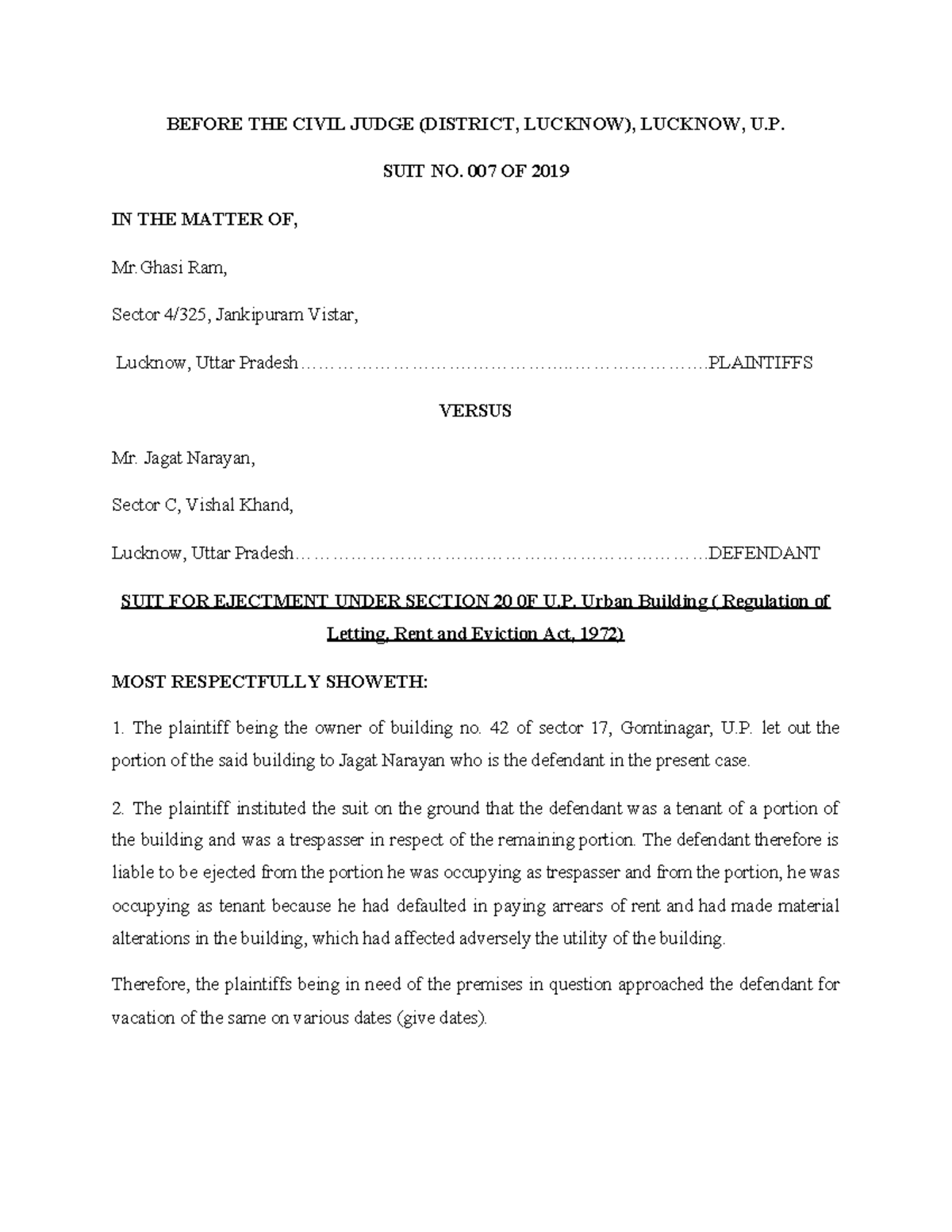 Suit no. 007 of 2019: Ejectment case summary and legal arguments - Studocu