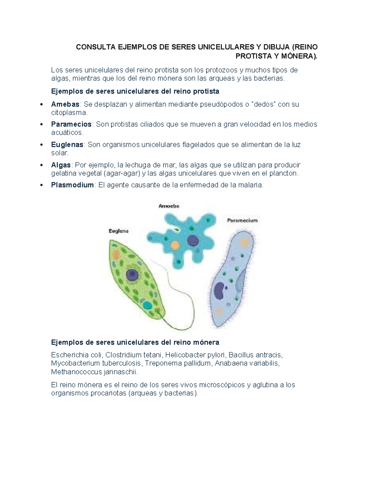 Tarea 1: Ejemplos de Seres Unicelulares y Pluricelulares (Reinos) - Studocu