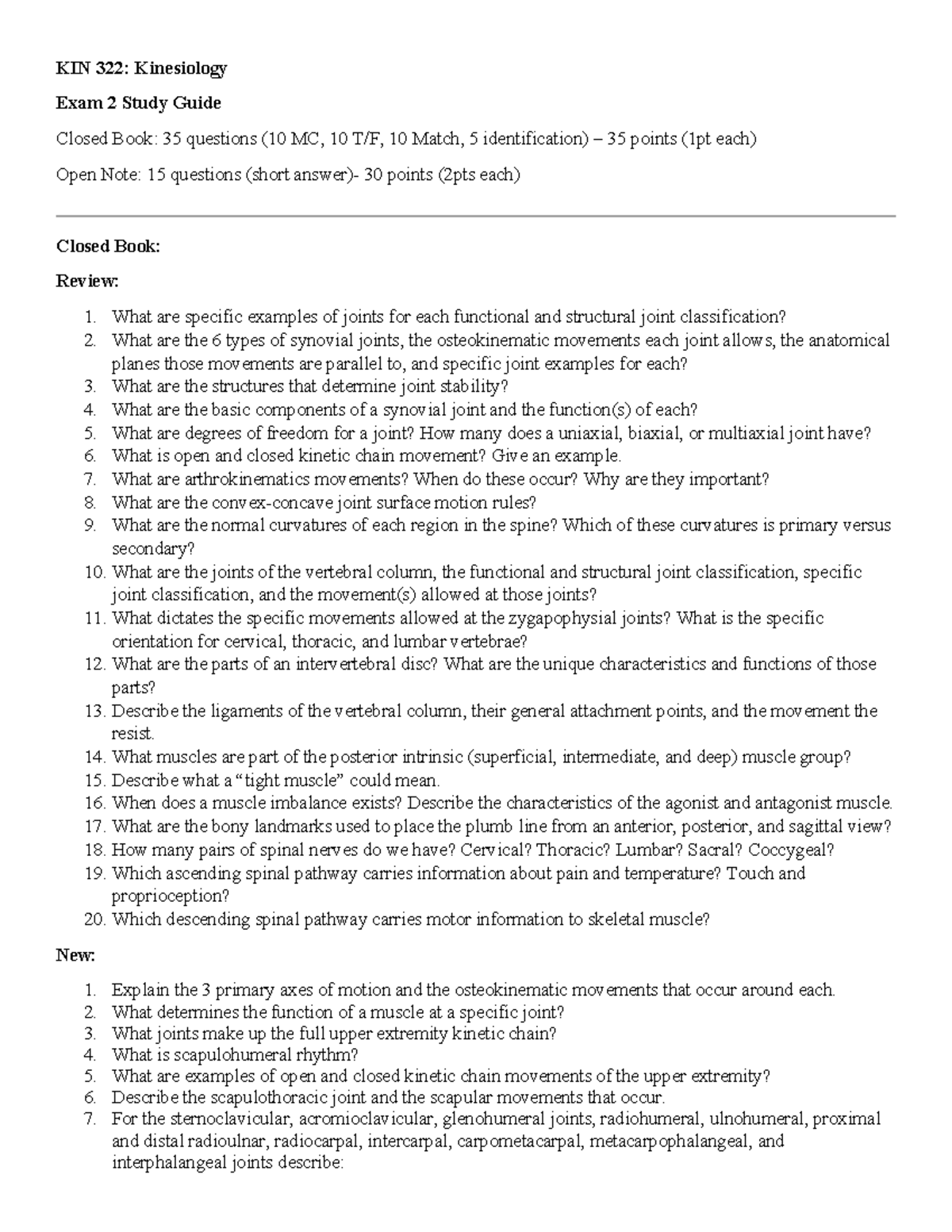 KIN 322: Fall 2024 - Kinesiology Exam 2 Study Guide - Studocu