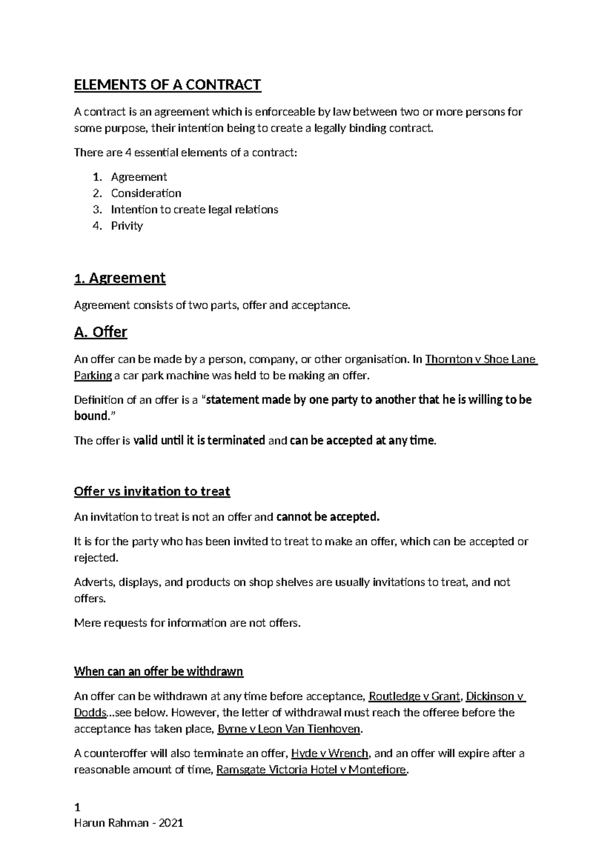 Elements of a contract - ELEMENTS OF A CONTRACT A contract is an ...