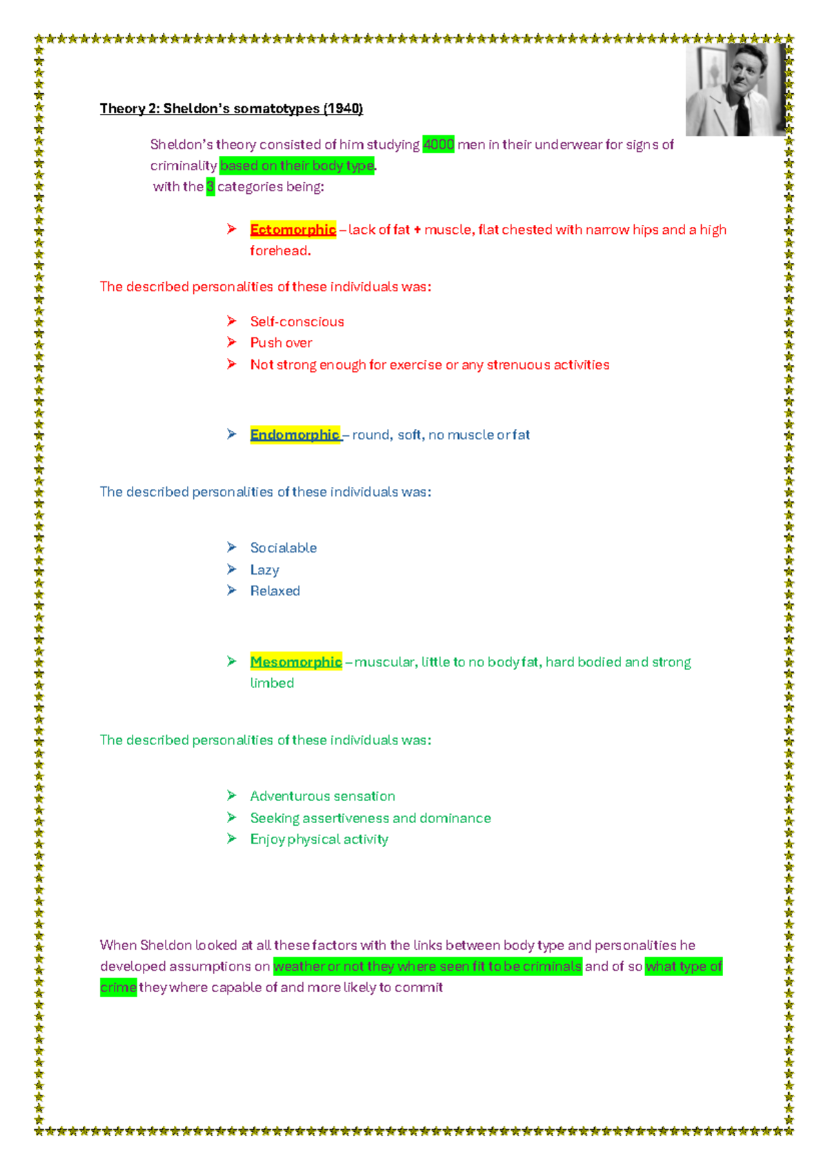 Theory 2: Sheldon's Somatotypes and Criminality Analysis - Studocu
