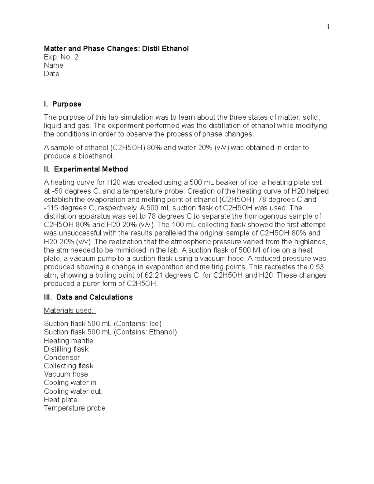Lab Report: Matter and Phase Changes - Distilling Ethanol Experiment ...