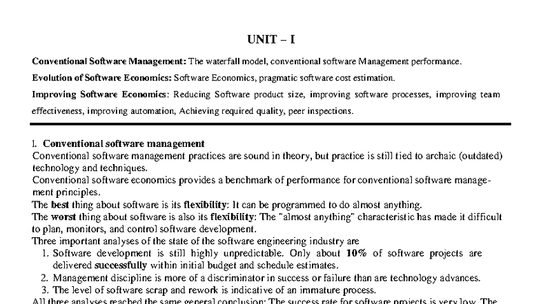 UNIT I SPM Notes: Waterfall Model & Software Economics Insights - Studocu
