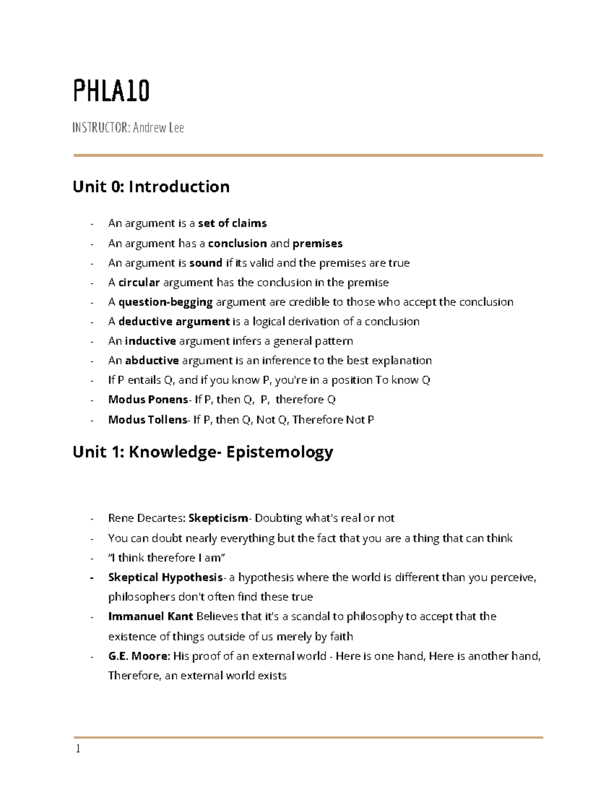 PHLA10 Lecture Notes: Key Concepts in Philosophy and Epistemology - Studocu