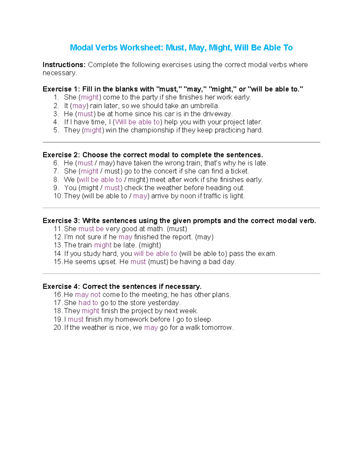 Modal Verbs Worksheet: Must, May, Might, Will Be Able To - Estudie ...