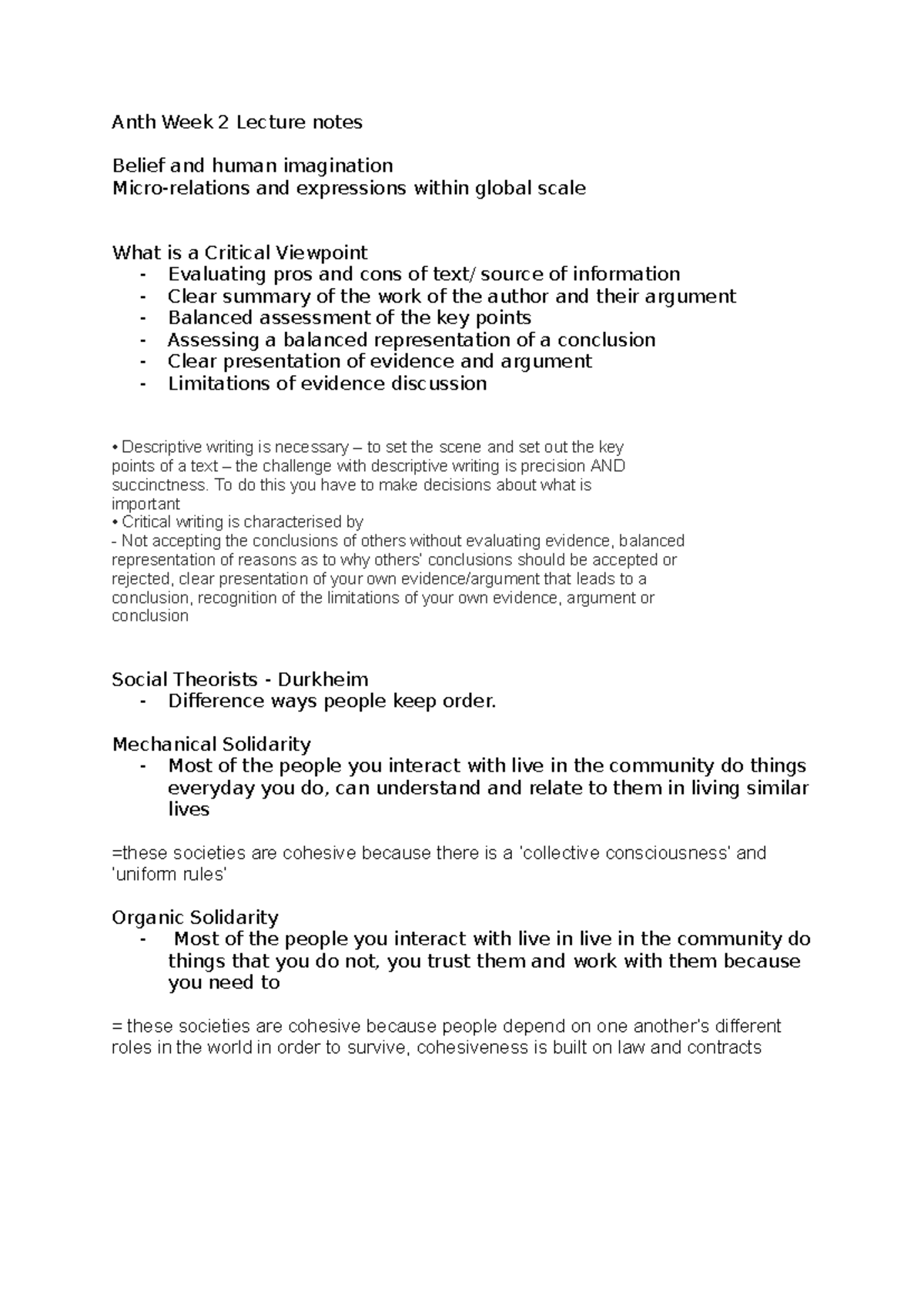 Anth 101 Week 2 Lecture Notes: Belief, Imagination, and Human Diversity ...