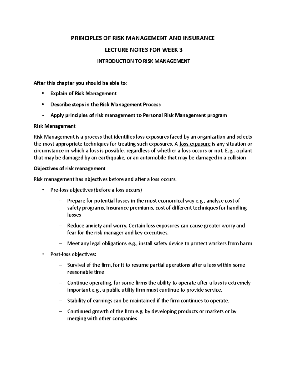 Lecture Notes 3: Fundamentals of Risk Management and Insurance - Studocu