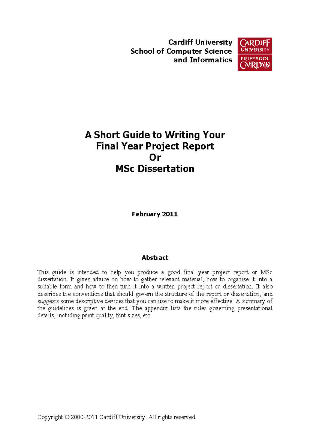 Final Year Project Report Guide | Cardiff University | MSc Dissertation ...