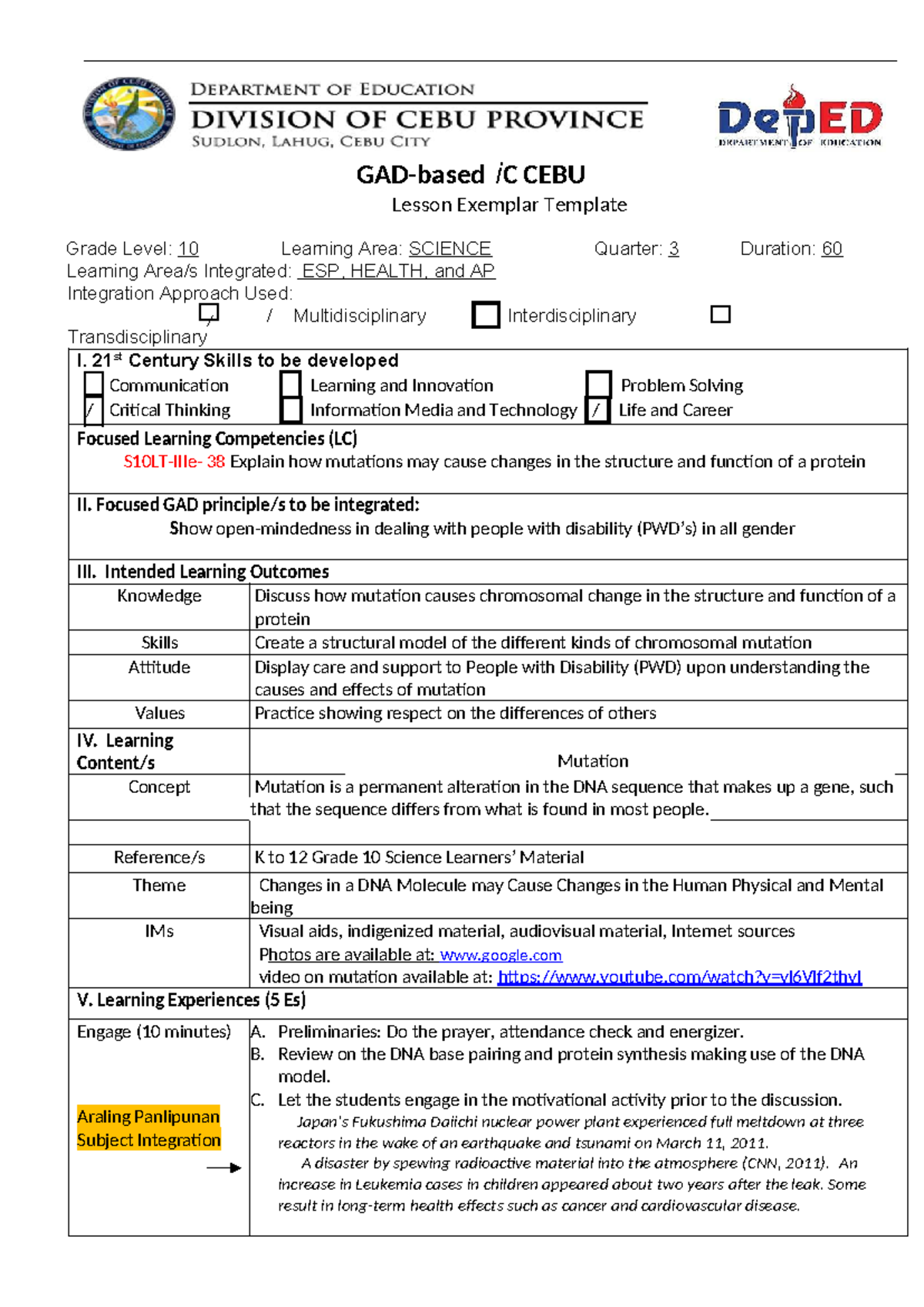 iC CEBU Grade 10 Science Lesson Plan on Mutation and Chromosomal ...