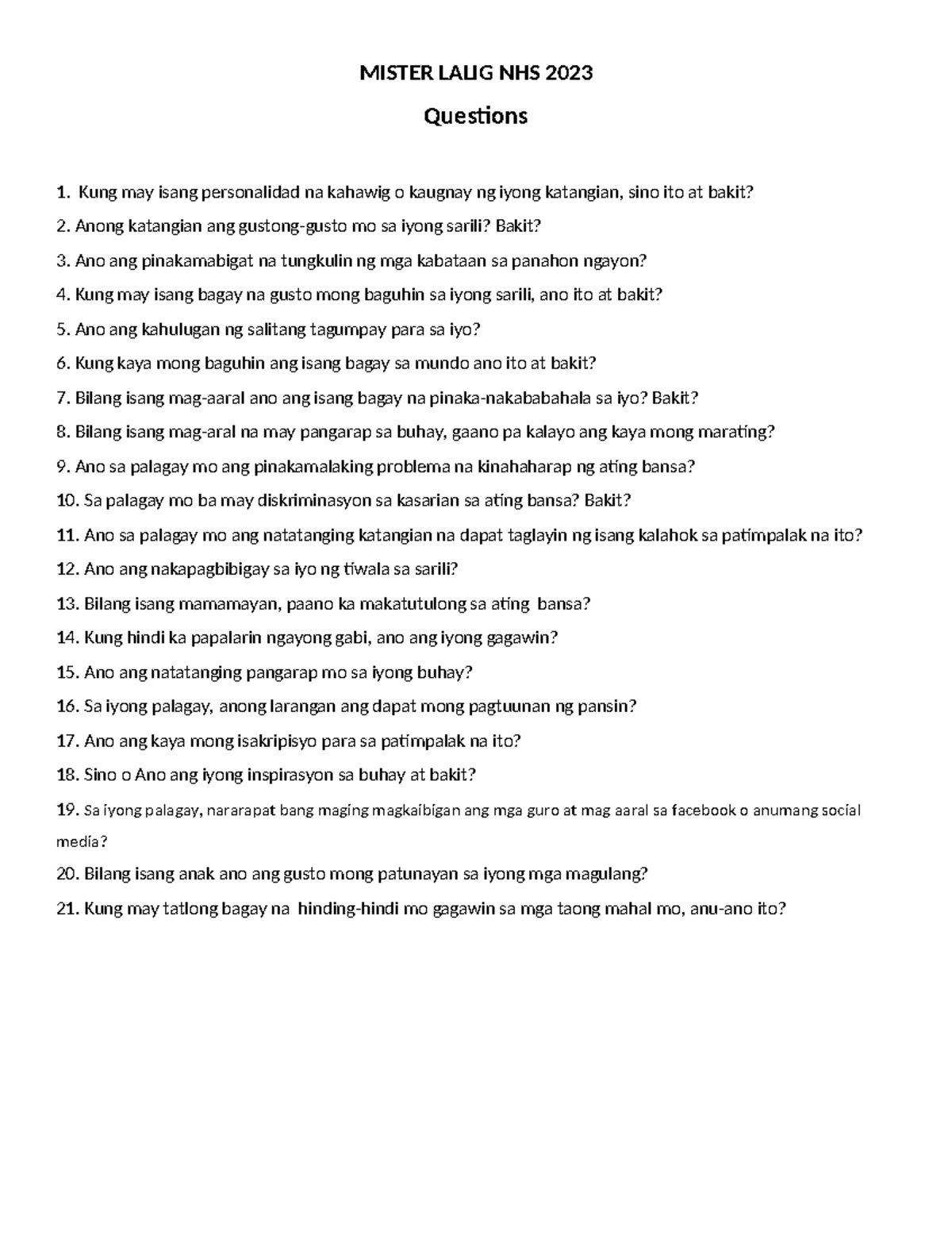 Questionnaire for Mr. and Ms. Q: Reflection and Aspirations in 2023 ...
