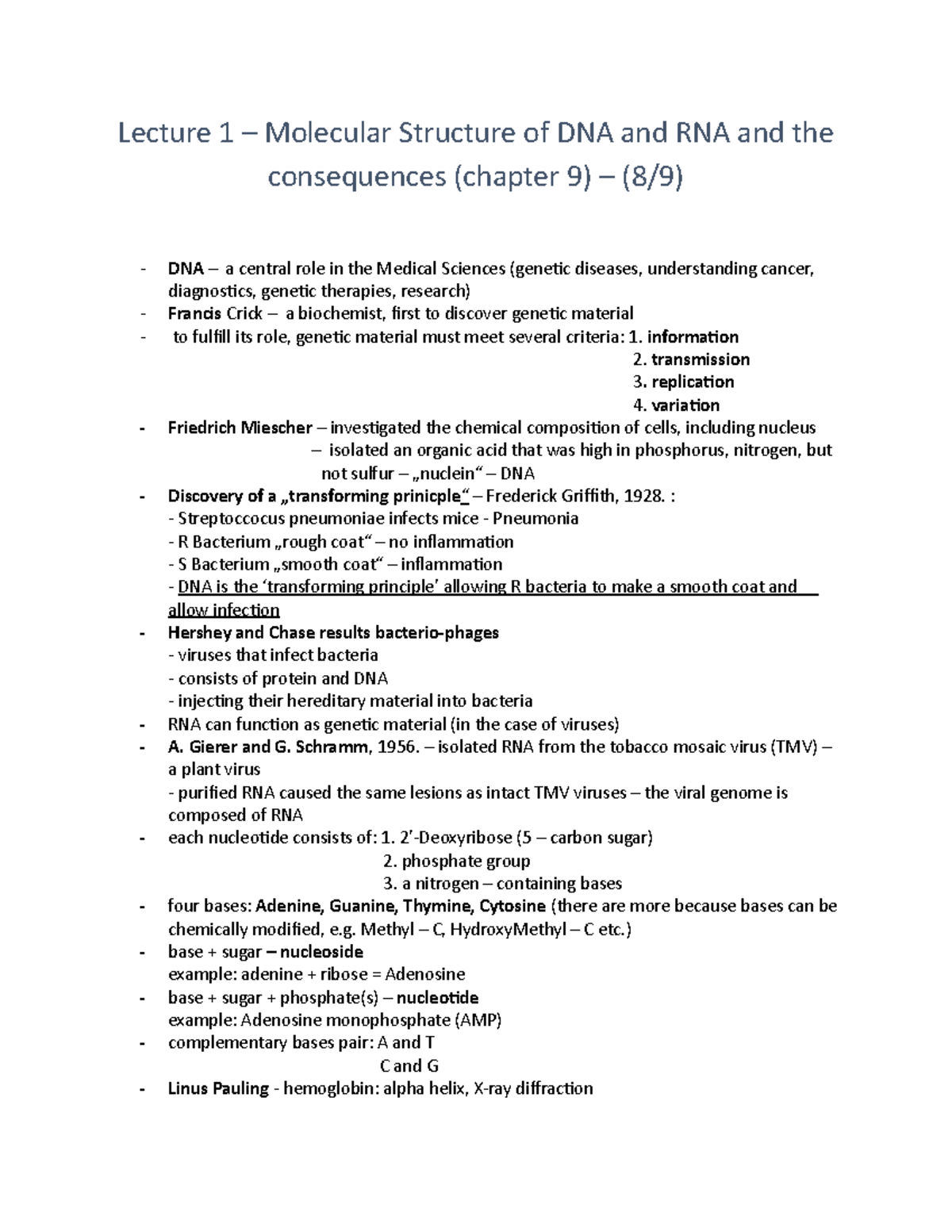 Lecture 1: DNA and RNA Molecular Structure & Consequences (Chapter 9 ...